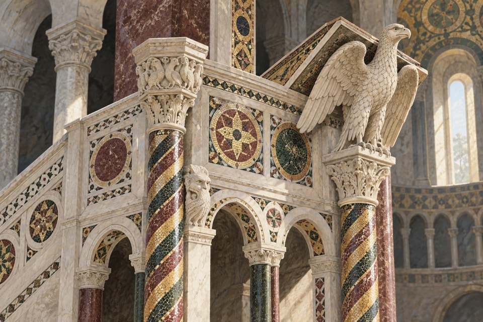 Illustrazione di colonne tortili e mosaici policromi di un ambone medievale